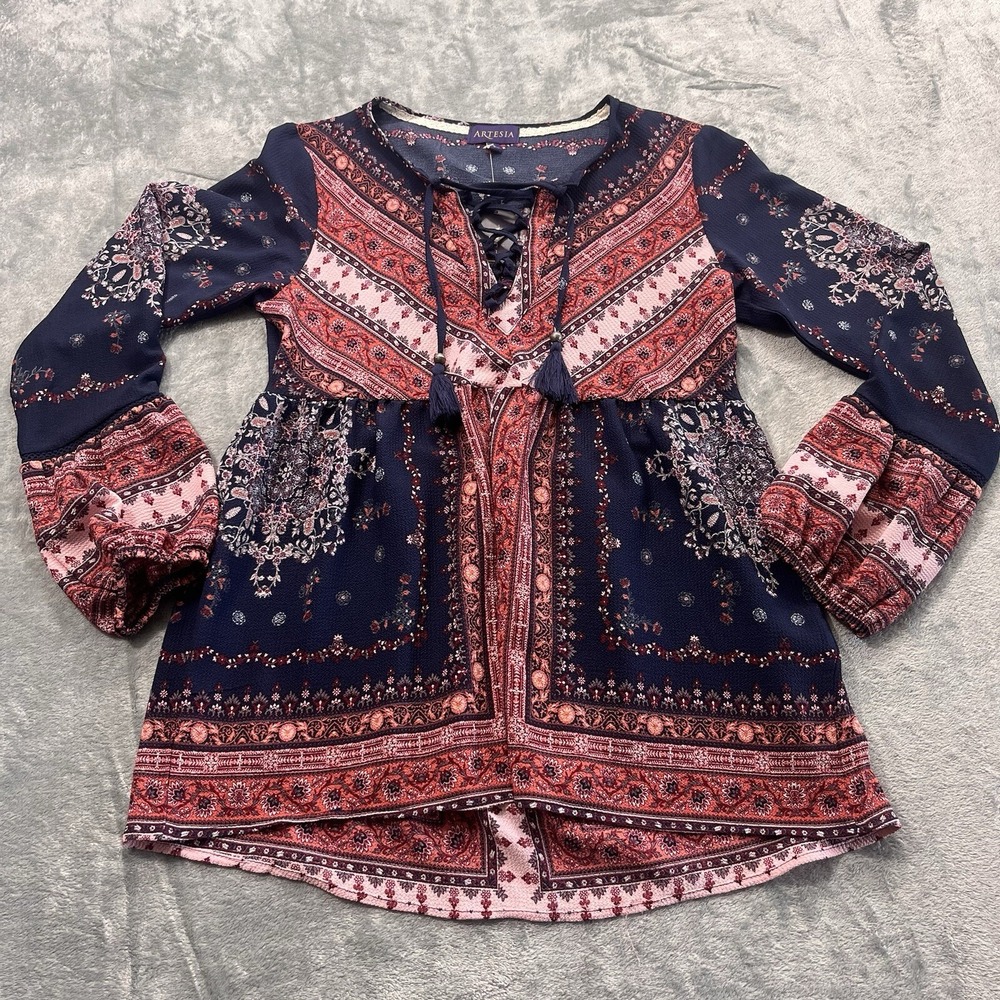 Artesia Boho Blue Coral White Floral Tasseled Peasant Tunic Top Wide Sleeve S